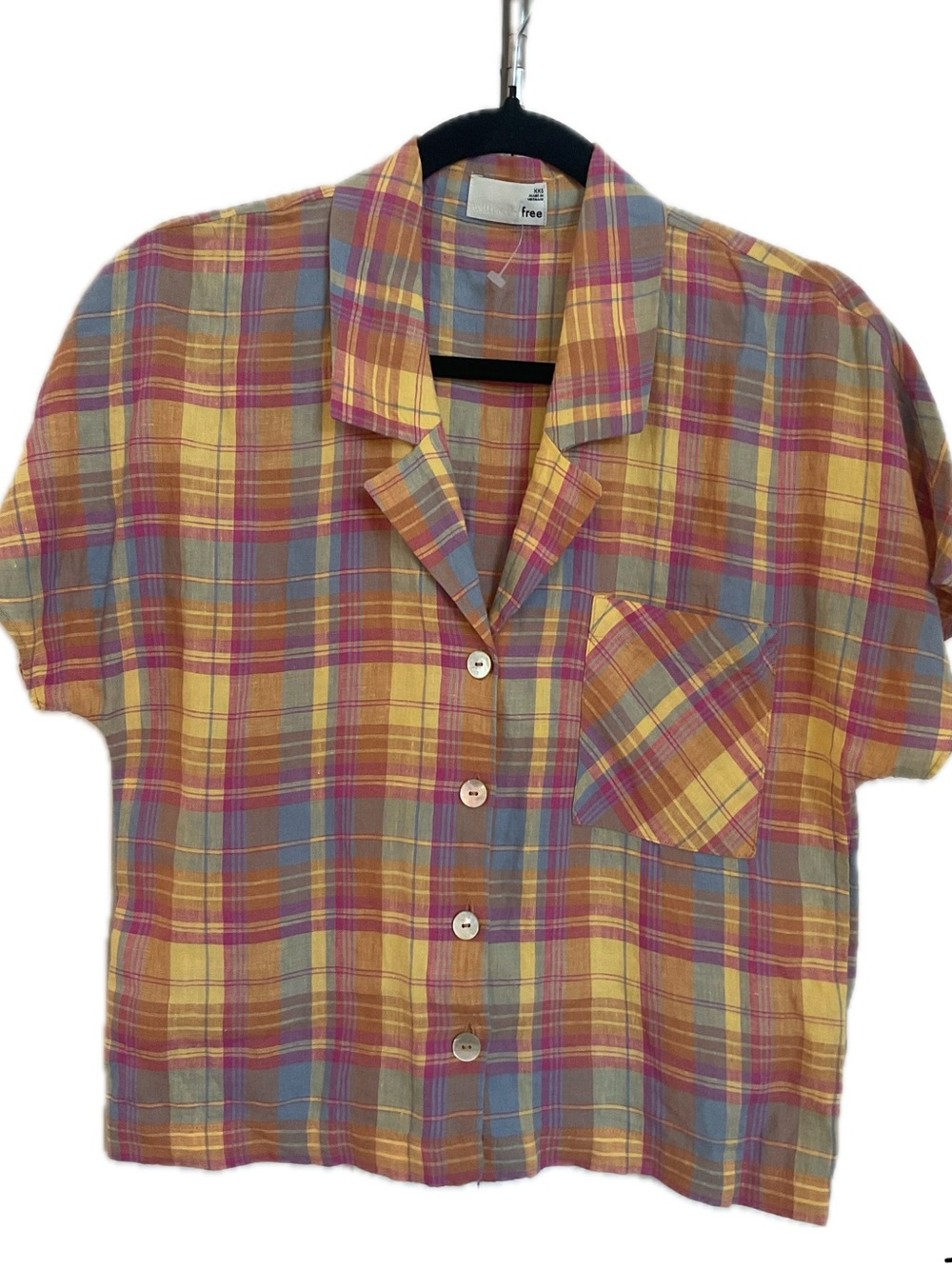 ARTIZIA Wilfred Free Pink Yellow Blue Plaid Short Sleeve Shirt